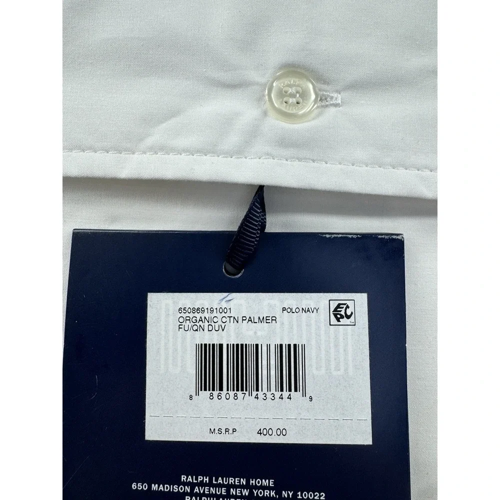 New Ralph Lauren Palmer Percale Full Queen Duvet Cover White &  Navy 100% Cotton
